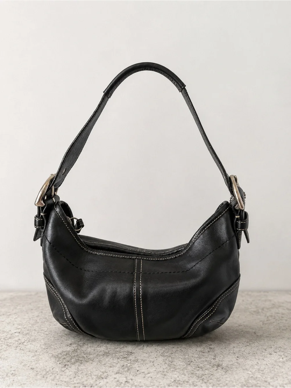 Coach Black Leather Curved Hobo Bag with Silver Hardware